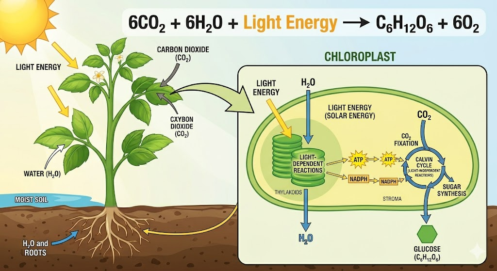 Diagram of the photosynthesis process in plants: light energy, CO2, and water become glucose and oxygen.